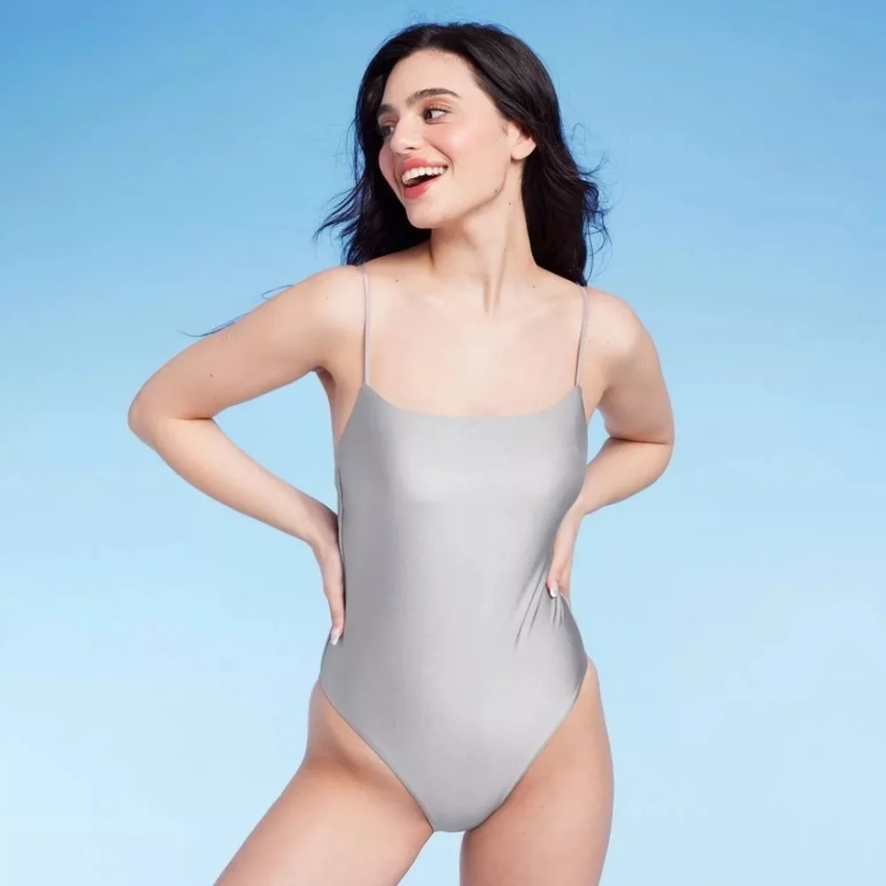 Shade & Shore High Leg Cheeky One Piece Swimsuit Silver NWT S Square Neck